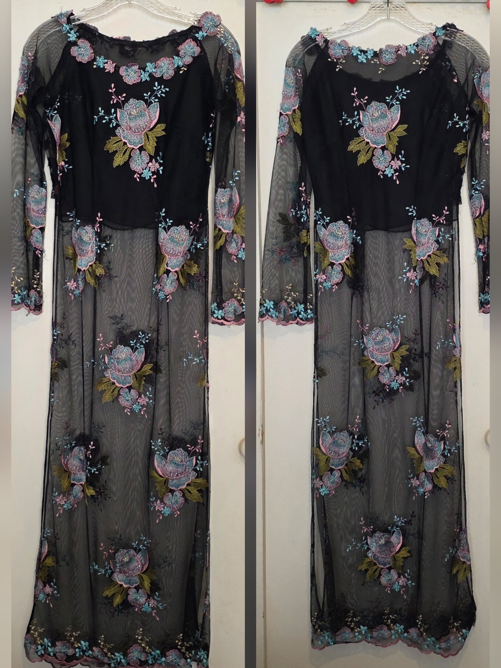 Vintage Ao Dai By Thuy Anh Sheer Mesh Floral Embroidered Top